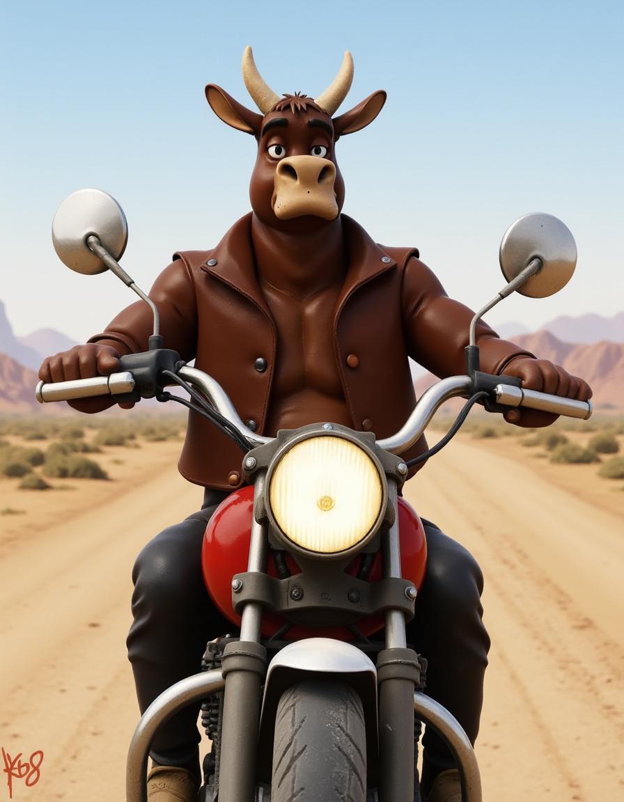 a boes ox in a leather jacket riding a motorcycle in the desert.jpg